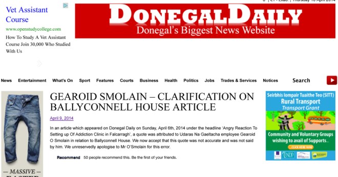 GEAROID SMOLAIN – CLARIFICATION ON BALLYCONNELL HOUSE ARTICLE