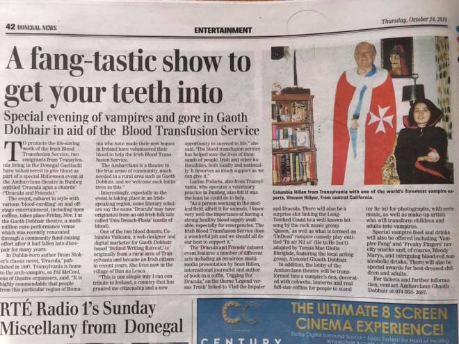 Dracula event Donegal, Sean Hillen author Digging for Dracula, Amharclan theater Gweedore, halloween show gweedore